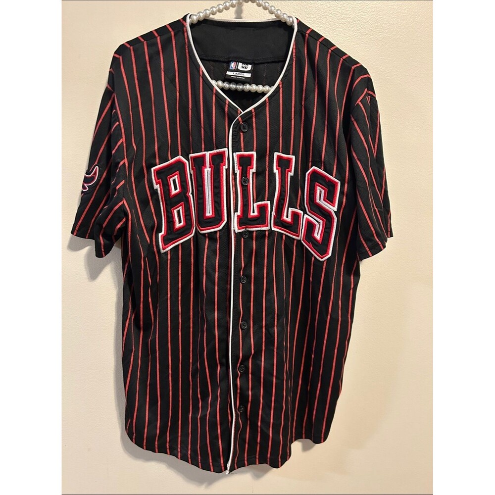 NBA Chicago Bulls Black Red Pinstripe Baseball Jersey 66 Chicago Large